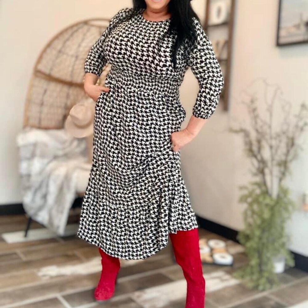 NEW XL LuLaRoe Smocked Waist Maxi‎ Dress Long Sleeve Black Houndstooth Plaid